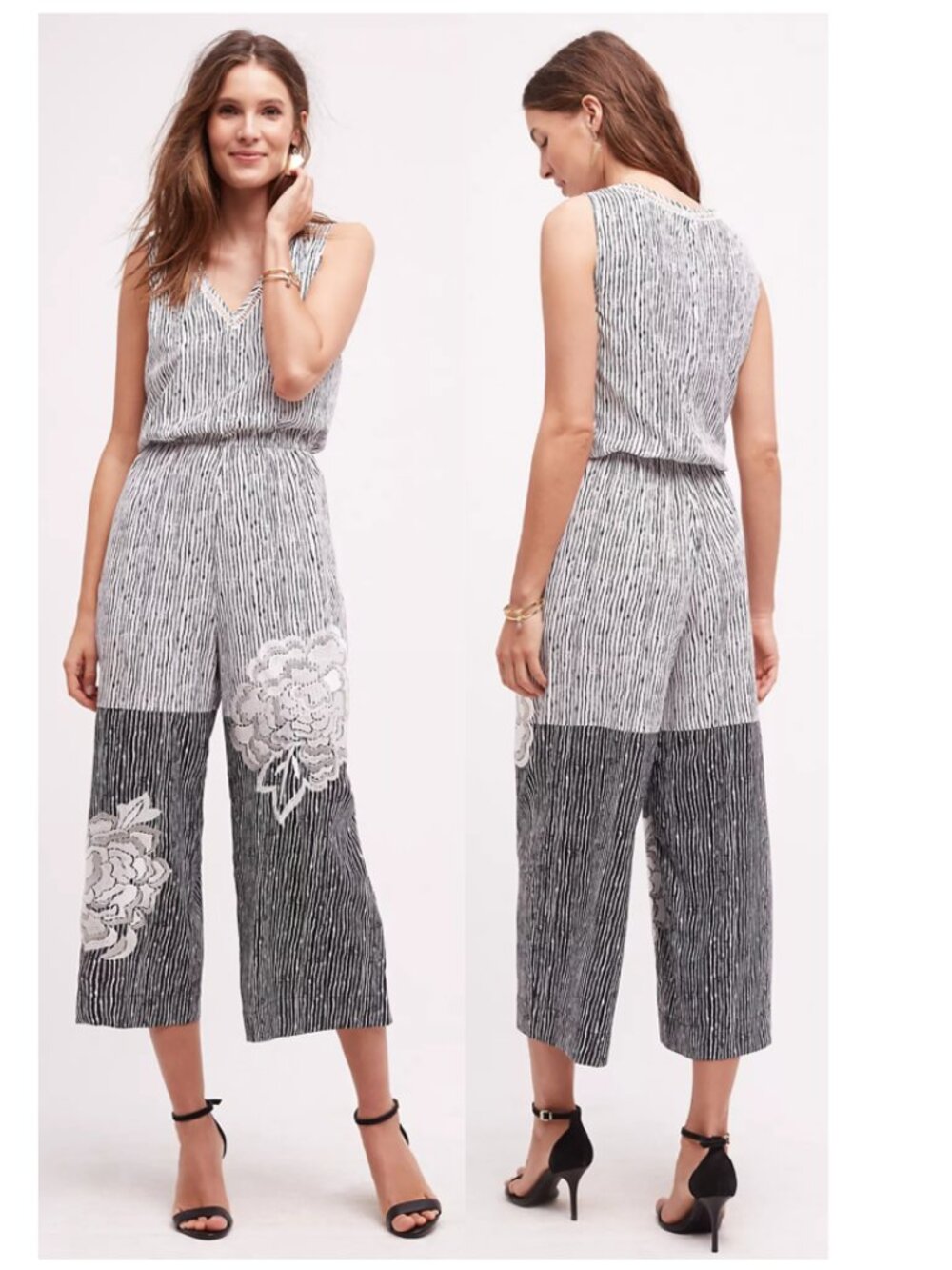 Anthropologie Ranna Gill Embroidered Lotus Jumpsuit Striped Size Medium